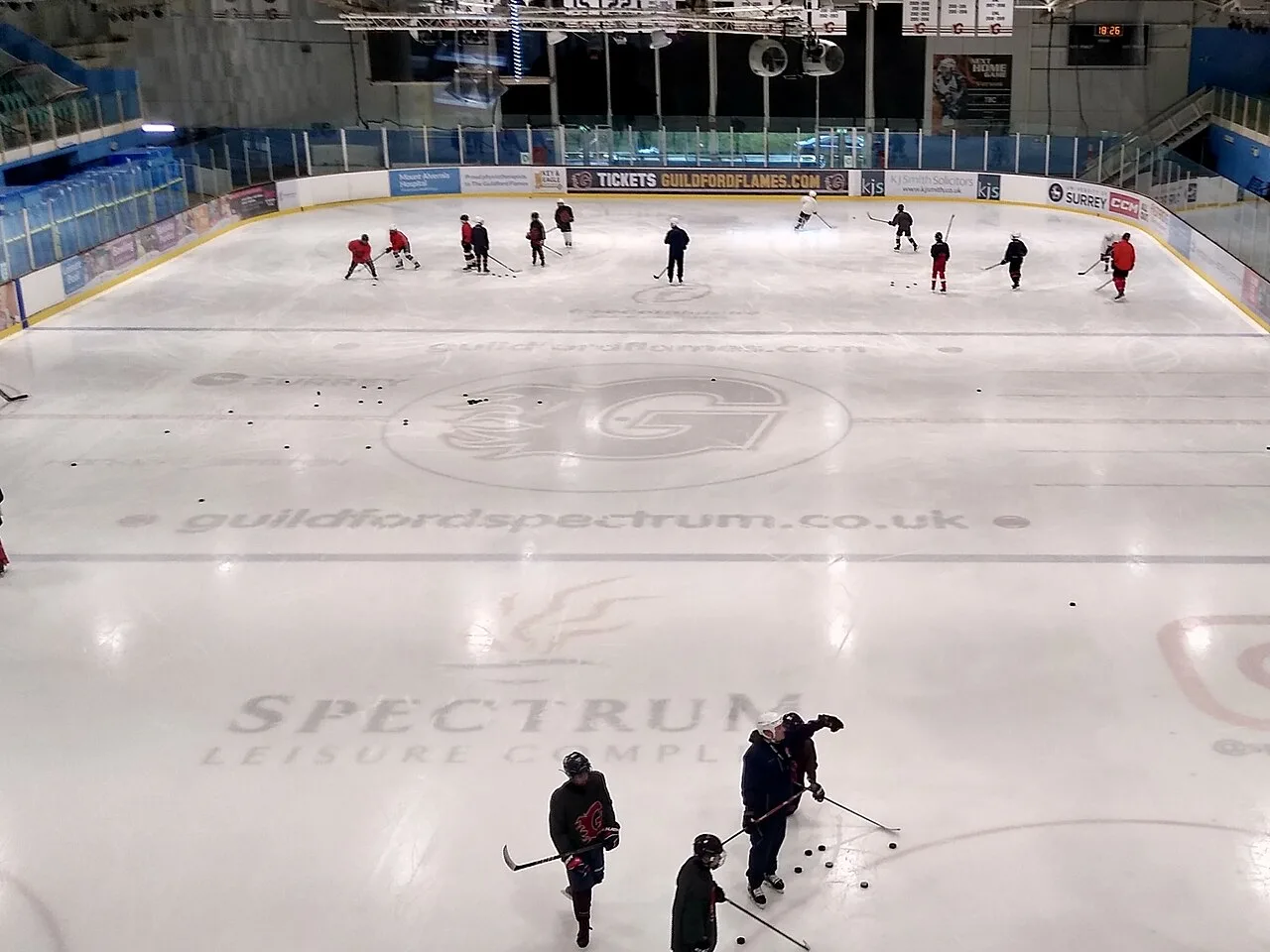 The Olympic-size ice rink at Guildford Spectrum during a youth hockey session