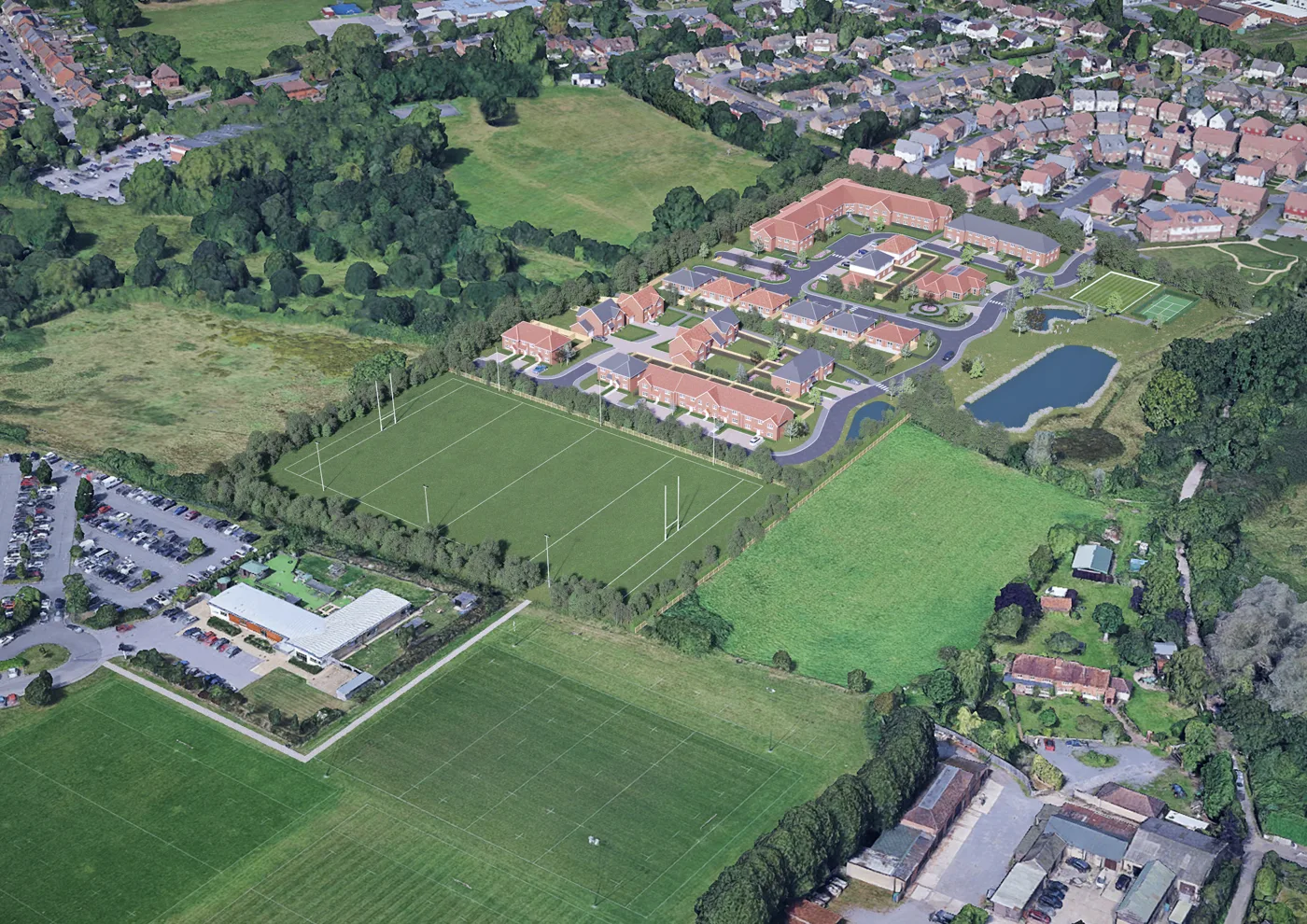Aerial CGI of the proposed Green Lane Meadows South scheme, west of Green Lane at Badshot Lea, with the new rugby pitch beside Farnham Rugby Club