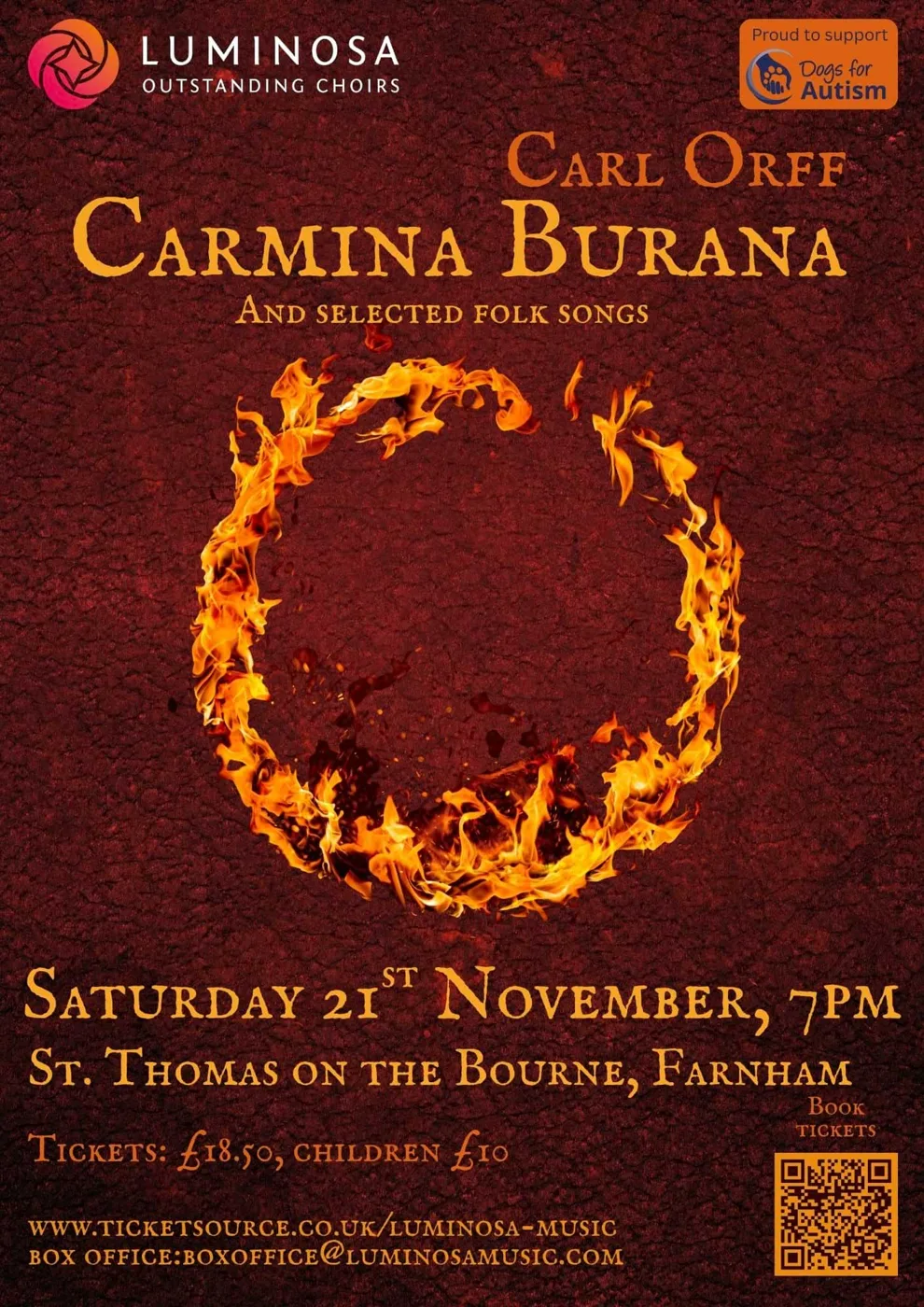 Poster for Luminosa's Carmina Burana and selected folk songs, Saturday 21 November, 7pm, St Thomas on the Bourne, Farnham, tickets £18.50, children £10, in support of Dogs for Autism